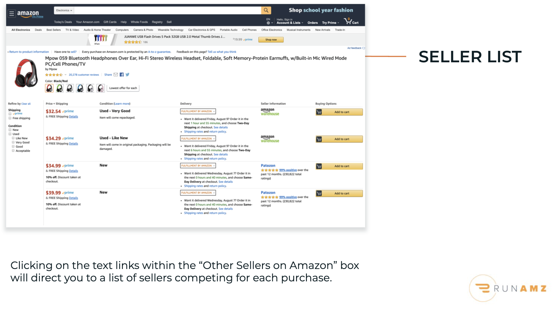 Amazon screenshot of a seller list under one listing page, displaying all sellers who offer that item.